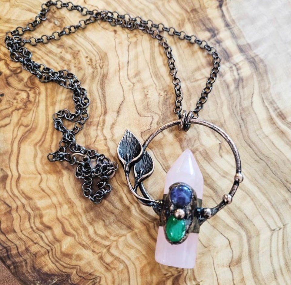 Rose Quartz and Gemstones Garden Pendant