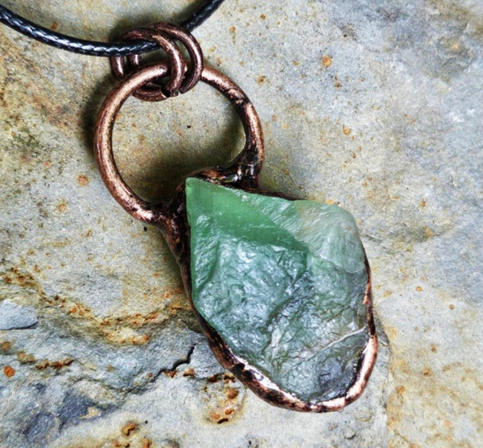 Raw Green Fluorite Copper Pendant