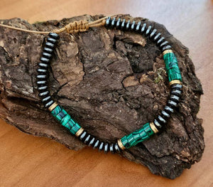 Malachite and Hematite Adjustable Mens Bracelet