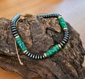 Malachite and Hematite Adjustable Mens Bracelet