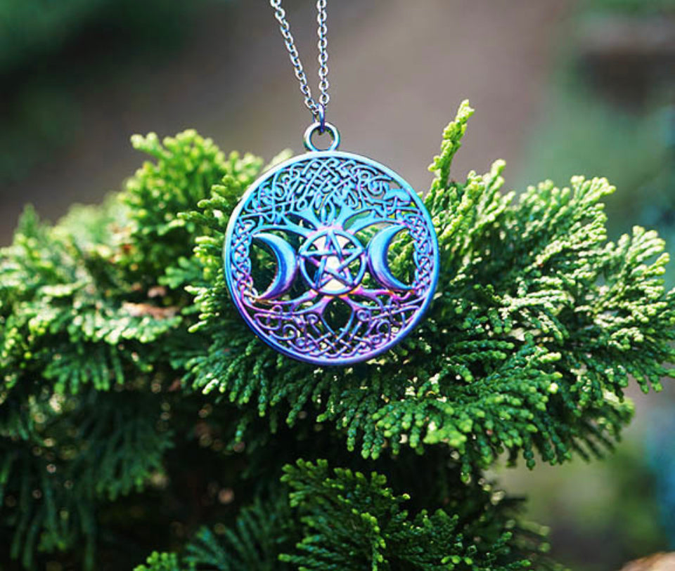 Titanium Aura Pentagram Triple Moon Pendant